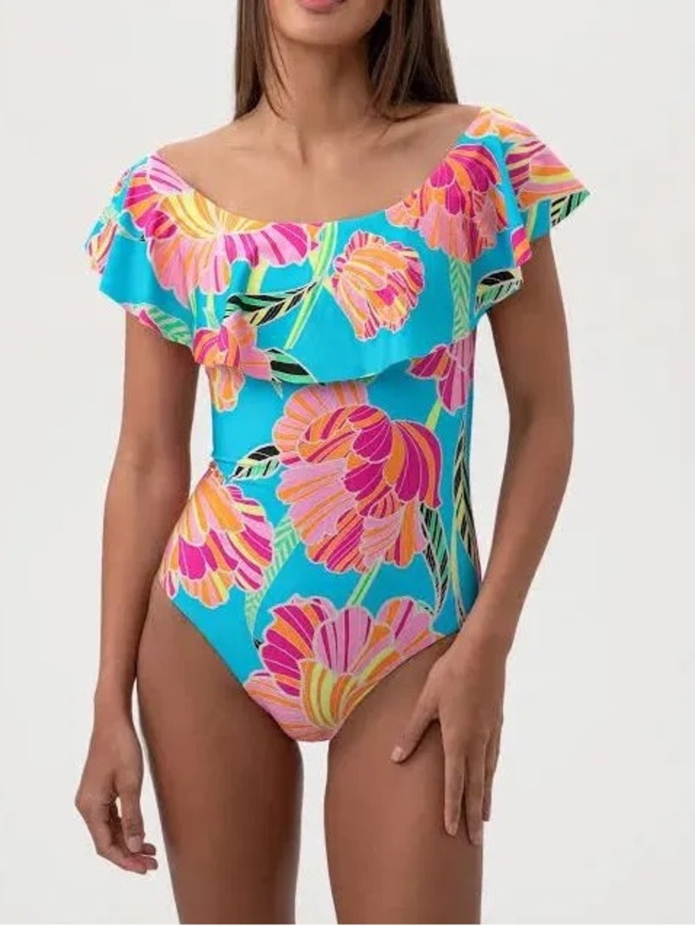 Trina Turk Poppy Ruffle One Piece Off The Shoulder Swimsuit Women’s
